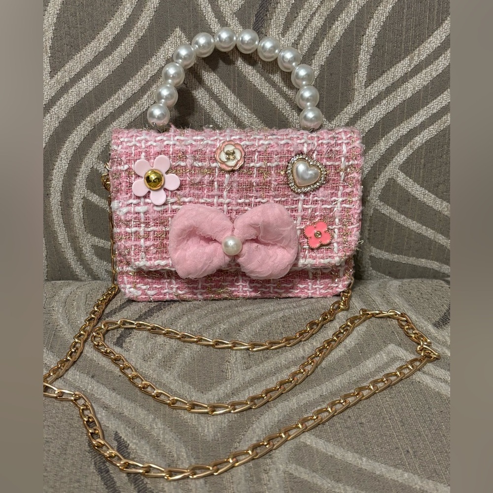 Pink Tweed Purse with Pearl Handle/Gold Crossbody Strap
